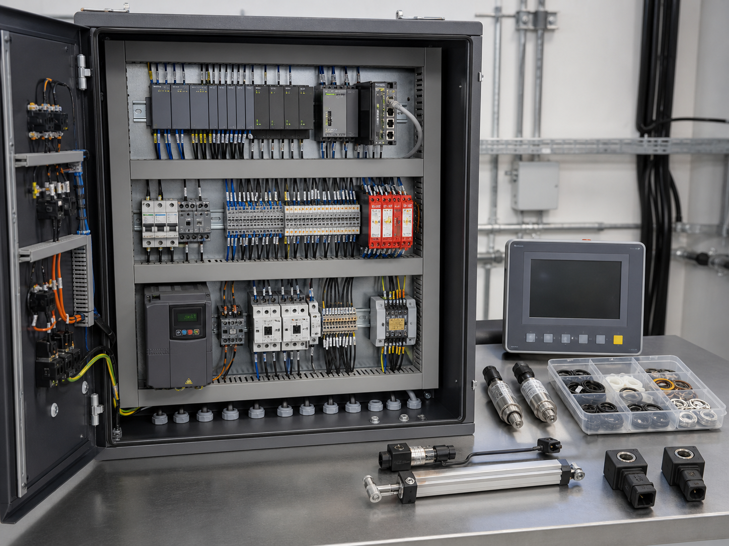 Offener Industrieschaltschrank mit SPS, HMI, Sensoren und hydraulischen Ersatzteilen