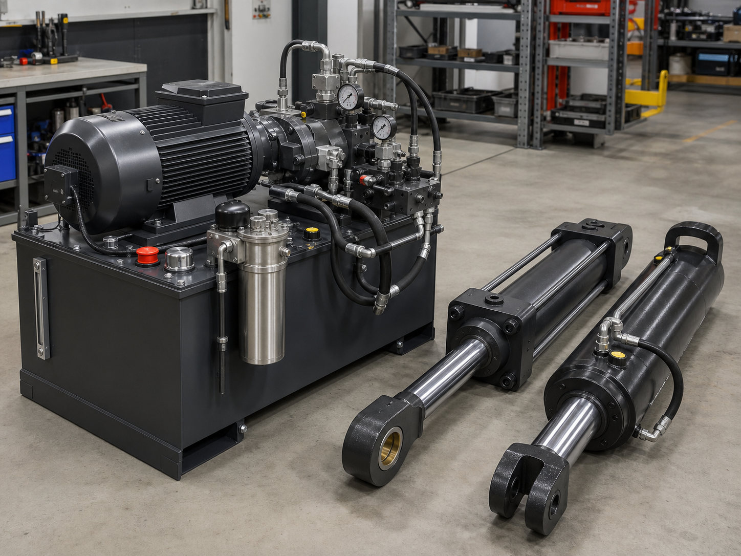 Hydraulikaggregat mit Motor, Pumpentechnik und zwei Industriezylindern